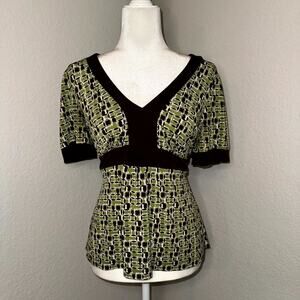 Apt. 9 VTG Y2K Blouse Top Women's PM Green Brown Geometric V-Neck Short Sleeve